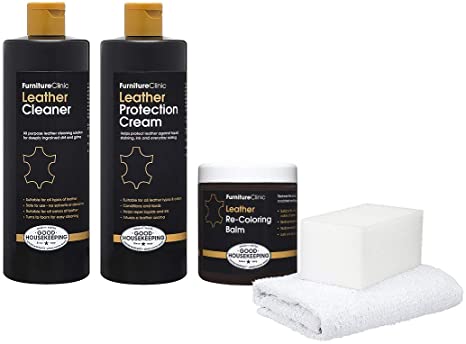 Furniture Clinic Leather Complete Restoration Kit - Set Includes Leather Recoloring Balm, Protection Cream, Cleaner, Sponge and Cloth - Restore and Repair Sofas, Car Seats and More (Cream)