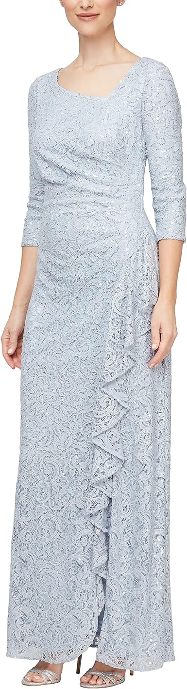 Alex Evenings Women's Long Sleeveless Cascade Ruffle Detail Dress with Front Slit