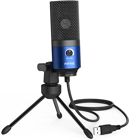 FIFINE USB Computer Microphone with Volume Control for Recording YouTube, Voice Over Vocals, ASMR on PC, Plug & Play Condenser Mic for Home Studio, Blue - K669L