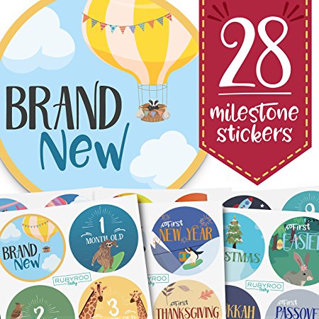 Monthly Baby Stickers - Huge 28 Pack of Baby Boy   Girl Onesie Belly Stickers. Includes 12 months, 1st year milestones & first holidays. Perfect baby shower & newborn birthday gift. (Adventure)