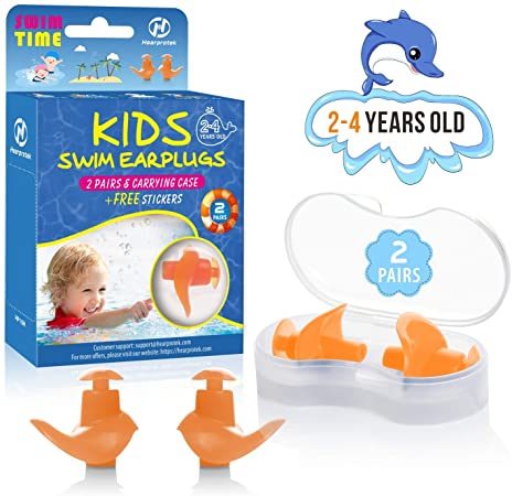 Hearprotek 2 Pairs Swimming Ear Plugs for Kids, Soft Silicone Reusable Water earplugs for Kids Swimming Bathing and Other Water Sports (Free Temporary Tattoos Included) (Orange)