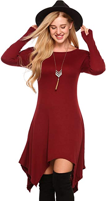 Beyove Women Asymmetrical Loose Fit T-Shirt Dress Irregular Long Sleeve Casual Tunic Dress