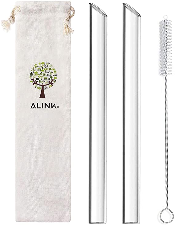 ALINK Glass Boba Straws, 14mm Extra Wide Clear Straws for Smoothies, Bubble Tea, Pack of 2 with Carrying Case and Cleaning Brush