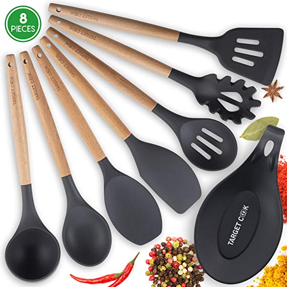 TargetCook - Kitchen Utensil Set - Silicone Cooking Utensils - Silicone Utensils - Cooking Tools - Wooden Handle Cooking Spoons - Utensils Silicone