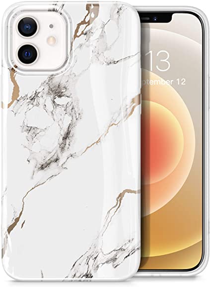GVIEWIN Aurora Lite Series Compatible with iPhone 12 Pro Case/Compatible with iPhone 12 Case 6.1", Ultra Slim Thin Glossy Soft Marble TPU Shockproof Scratch-Proof Phone Covers, White