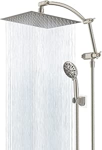 Hibbent All Metal Shower Head,10'' High Pressure Rain Shower Head/Handheld Showerhead Combo with 16'' Adjustable Shower Extension Arm, 7-Spray, 71'' Hose Adhesive Showerhead Holder, Brushed Nickel