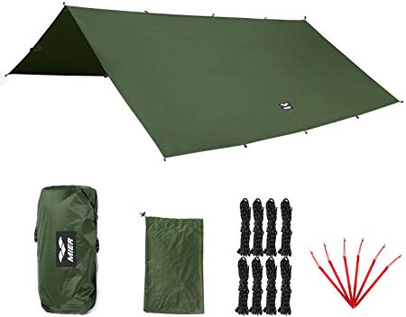 MIER Outdoor Ultralight Waterproof Tent Tarp Windproof Hammock Rain Fly Ripstop Backpacking Camping Shelter, 6 Stakes and 8 Ropes Included