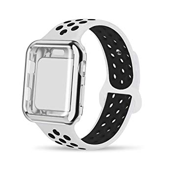 INTENY Compatible for Apple Watch Band 38mm 40mm 42mm 44mm with Case, Soft Silicone Sport Wristband with Apple Watch Screen Protector Compatible for iWatch Apple Watch Series 1, 2, 3, 4