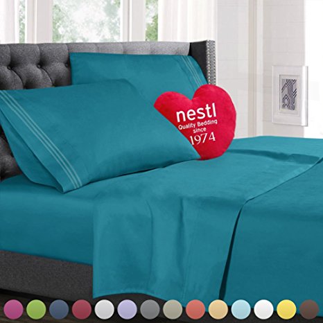 Bed Sheet Bedding Set, Cal King Size, Teal, 100% Soft Brushed Microfiber Fabric with Deep Pocket Fitted Sheet, 1800 Luxury Bedding Collection, Hypoallergenic & Wrinkle Free Bedroom Linen Set By Nestl Bedding