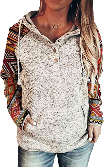 Dokotoo Womens Button Collar Drawstring Stitching Sweatshirts Hoodies Pullover