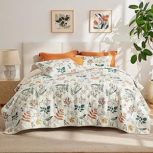 Bedsure Cotton Quilt Set Queen - Reversible Autumn Floral Pattern Quilt Bedding Set, 3 Pieces Lightweight Bedspread, Beige Fall Coverlet Set with 2 Pillow Shams for All Seasons (90"x 96")