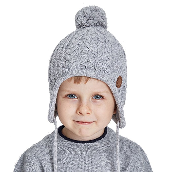 SOMALER Toddler Ear Flap Beanie Unisex Children Winter Real Fox Fur Pom Pom Hat