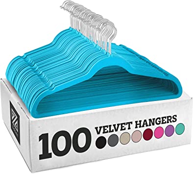 Zober Velvet Hangers 100 Pack - Turquoise Hangers for Coats, Pants & Dress Clothes - Non Slip Clothes Hanger Set w/ 360 Degree Swivel, Holds up to 10 lbs - Strong Felt Hangers for Clothing