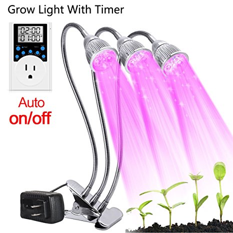 Grow light, Eleclist Led Three Head Plant Grow Lamp Timing Function 15W Grow Lamp with Outlet Timer and Adjustable 360 Degree for Indoor Plants Grow Lights Seed Starting Succulents Greenhouse (Silver)