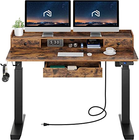 Rolanstar Standing Desk with Drawers, 47" Height Adjustable Desk with Power Outlet & Monitor Shelf, Electric Stand Up Home Office Desk with Headphone Hooks, Rustic Brown