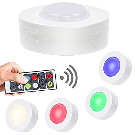 SALKING RGB Puck Light, LED Under Cabinet Lighting, Dimmable Closet Lights, RGBW 16 Color Changing with Remote Battery Powered,Under Counter Lights for Kitchen Halloween/Hallowmas Decoration-4 Pack