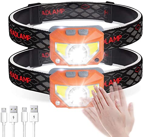 2 Packs Headlamp Flashlight 1000 Lumens USB Rechargeable Headlight, 8 Modes Work Light with Red Light and Motion Sensor, IPX4 Waterproof, Perfect for Camping, Running, Hiking, Fishing & More (Orange)