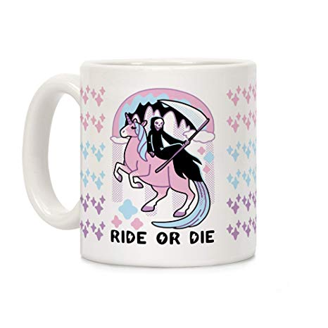 LookHUMAN Ride or Die - Grim Reaper and Unicorn White 11 Ounce Ceramic Coffee Mug