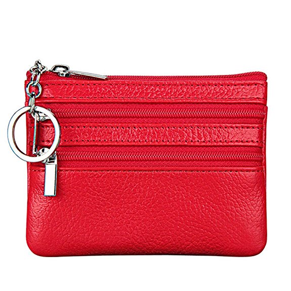 Women's Genuine Leather Coin Purse Mini Pouch Change Wallet with Key Ring