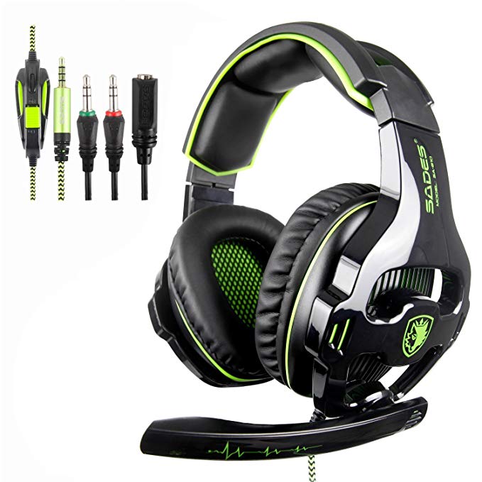 Xbox one Gaming Headsets, SADES SA810 Over Ear Headphones Stereo Bass 3.5MM Plug In-line Control With Microphone For Xbox One/ PC/ PS4/ Laptop(Black Green)