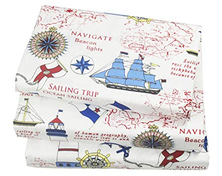 J-pinno Cute Cartoon Sailboat Ocean Sea Adventure Printed Twin Sheet Set for Kids Boy Children,100% Cotton, Flat Sheet + Fitted Sheet + Pillowcase Bedding Set
