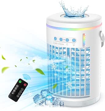 Aire Acondicionado Portátil, 1400ML Mini Enfriador de Aire Portátil con Control de Remoto,4 en 1 Mini Aire Acondicionado con 7 Colores LED para el Hogar, Oficina