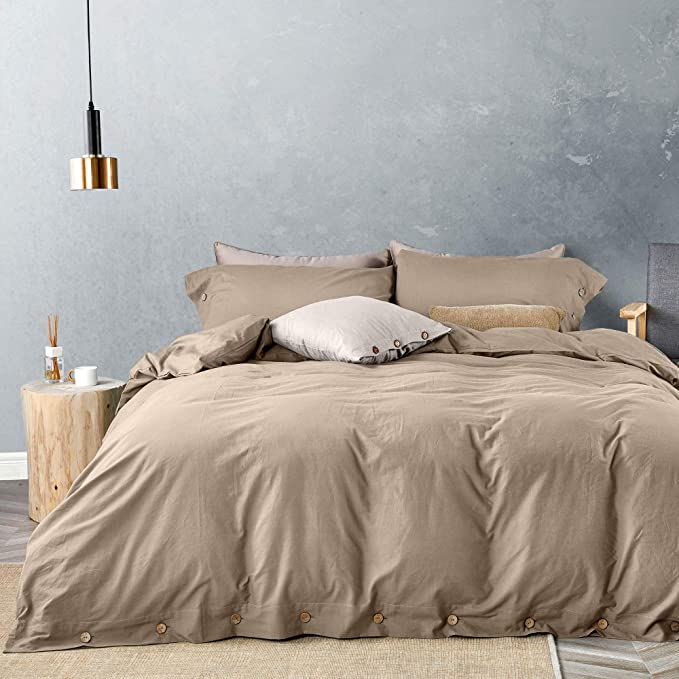 JELLYMONI 100% Washed Cotton Duvet Cover Set Full Size, Luxury Soft Bedding Set with Button Closure. Solid Color Pattern Duvet Cover(No Comforter) (Khaki, Full, 3Pcs)