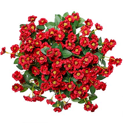 Veryhome Artificial Small Rose Wildflowers Fake Outdoor Flowers Bouquet Silk Floral Indoor Outside Hanging Planter Home Kitchen Office Wedding Garden Decor 3pcs (Red)