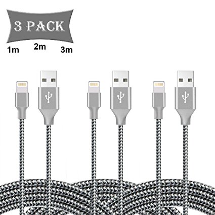 Auideas iPhone Cable,3Pack 3FT,6FT,10FT Nylon Braided Lightning Charger to Cable Data Syncing Cord Compatible with iPhone 7/7 Plus/6S/6S Plus,SE/5S/5,iPad,iPod Nano 7(Grey White)