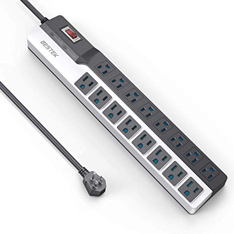 BESTEK 16-Outlet Power Strip Surge Protector with 15A 1875W 6 Feet Long Power Cords, 500Joules,Wide Spaced Multi Outlets Plugs Sockets Slanted for Entertainment Center and More