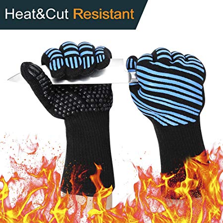 932℉ Extreme Heat Resistant BBQ Gloves, Food Grade Kitchen Oven Gloves - Flexible Hot Grilling Gloves with Cut Resistant, Silicone Non-Slip Cooking Gloves for Grilling, Welding, Cutting (1 Pair)