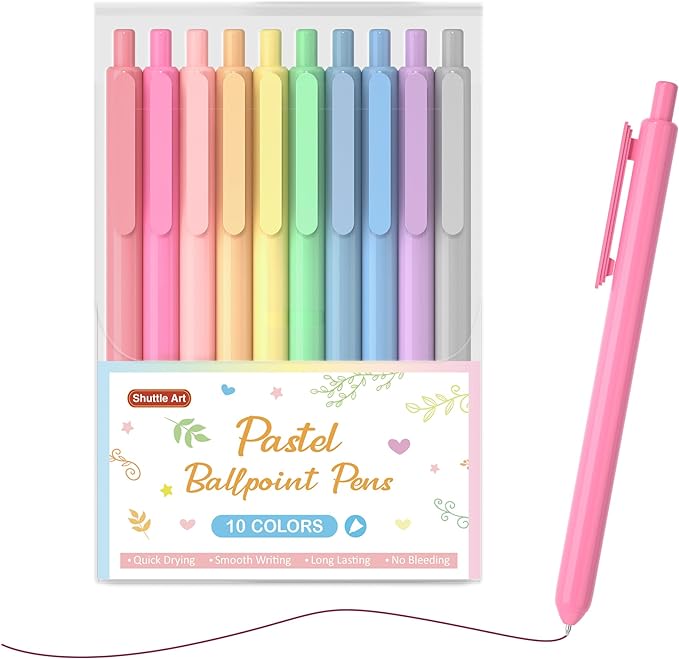 Shuttle Art Ballpoint Pens, 10 Pack Pastel Retractable Colored Ink Ball Point Pens, Cute Pens 1.0mm Medium Point Quick Drying for Writing Journaling Taking Notes School Office Home