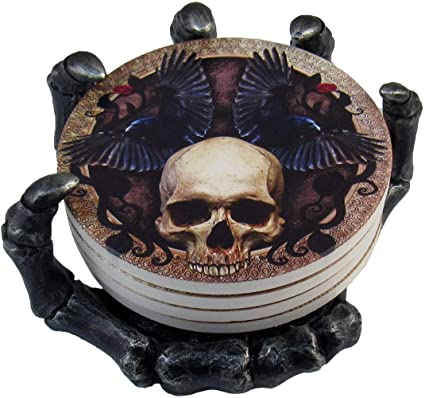 DWK - Helping Hand - Beautiful Gothic Skull Beverage Coasters with Creepy Skeleton Hand Holder for Halloween Home Kitchen Dining and Bar Décor Accent, 5.5-inch