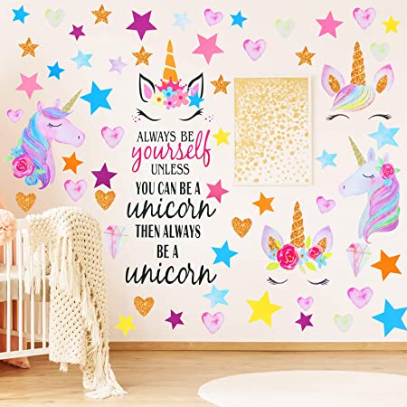 3 Sheets Unicorn Wall Decals Removable Unicorn Wall Stickers Decor for Girls Kids Bedroom Nursery Birthday Party Favor