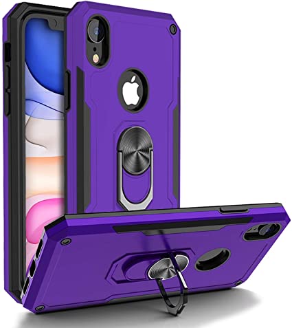 BGWIRELESS Heavy Duty Military Grade iPhone Xr Case, with Ring Car Mount Kickstand 15ft Drop Tested Protective Case, Heavy Duty Defender Metal Dropproof Shockproof Dirtproof Waterpproof, Purple