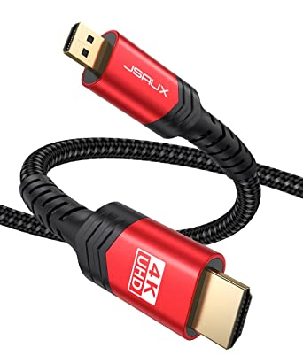 4K Micro HDMI to HDMI Cable 10 FT, JSAUX Micro HDMI to Standard HDMI Cord Braided Support 4k 60Hz HDR 3D ARC 18Gbps Compatible with Sony A6000 A6300 Camera and More (Red)