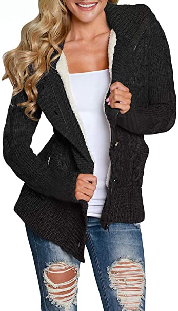 Annflat Women's Chunky Hooded Cable Knit Sweaters Fleece Lined Cardigan
