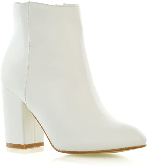 Essex Glam Womens Casual Block Mid High Heel Smart Ankle Boots (6 B(M) US, WHITE SYNTHETIC LEATHER)