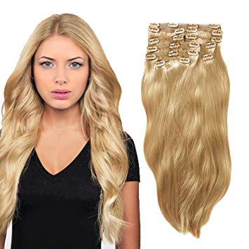 YONNA Remy Human Hair Clip in Extensions Double Weft Long Soft Straight 10 Pieces Thick to Ends Full Head Platinum Blonde (#613) 16inch 200g