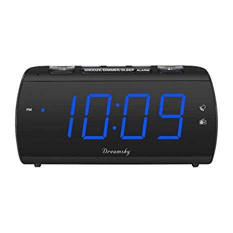 DreamSky Digital Alarm Clock Radio with USB Charging Port, FM Radios with Headphone Jack, Large 1.8 Inch LED Display with Dimmer, Snooze, Sleep Timer, Plug in Alarm Clock Blue Display for Bedroom