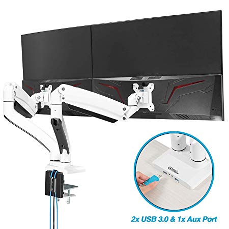 AVLT-Power Dual 35" Monitor Desk Stand - Mount Two 33 lbs Computer Monitors on 2 Full Motion Adjustable Arms - Laboratory Grade USB 3.0 Port - Organize Work Surface with Ergonomic VESA Monitor Riser