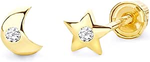 14k Yellow Gold Moon and Star Stud Earrings with Screw Back - 2 Different Color Available