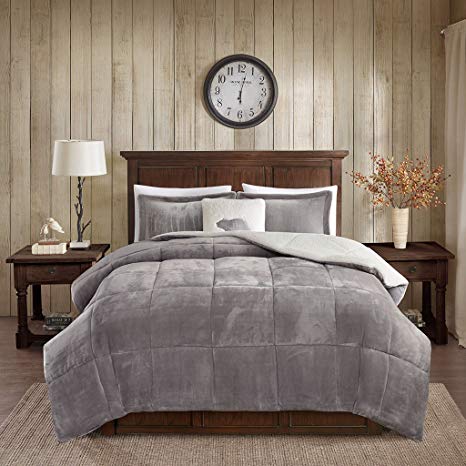 Woolrich Alton Plush to Sherpa Down Alternative Comforter Set Grey/Ivory King