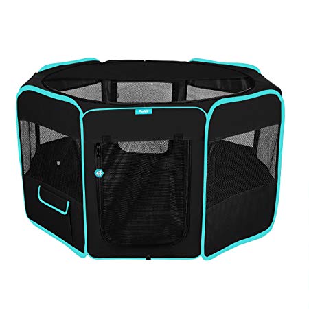 Pawdle Deluxe Premium Foldable Portable Traveling Exercise Pet Playpen Kennel Cats, Dogs, Kittens and All Pets - Travel Carrying Case - in Ground Stakes - Removable Shaded Cover and Bottom by