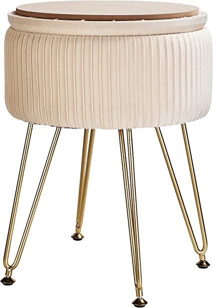 Cuyoca Ottoman Storage Footrest, Velvet Upholstered Round Foot Rest Vanity Stool with Metal Legs, Coffee Table Modern Accent Stools, Makeup Footstool, Cream