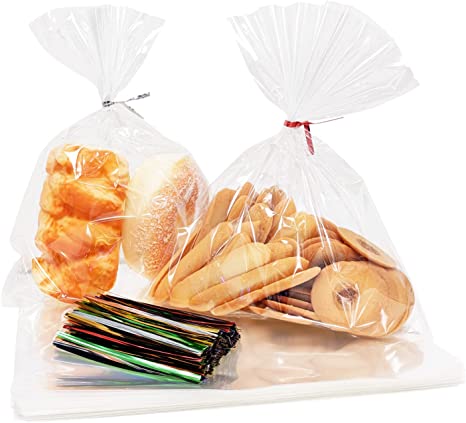 100PCS Cellophane Bags 8x10 inches, Clear Treat Bags with 4’’ Twist Ties, Plastic Cello Bags - 1.4 mils Thick OPP Rice Crispy Bags for Gift Goodie Favor Candy Cake Pop Birthday Party Cookies (8’’ x 10’’)