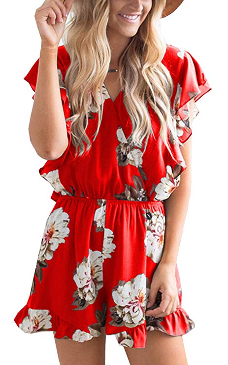 Angashion Women's Jumpsuits - Ruffle Cap Sleeves Wrap V Neck Floral Print Elastic Waist Short Rompers