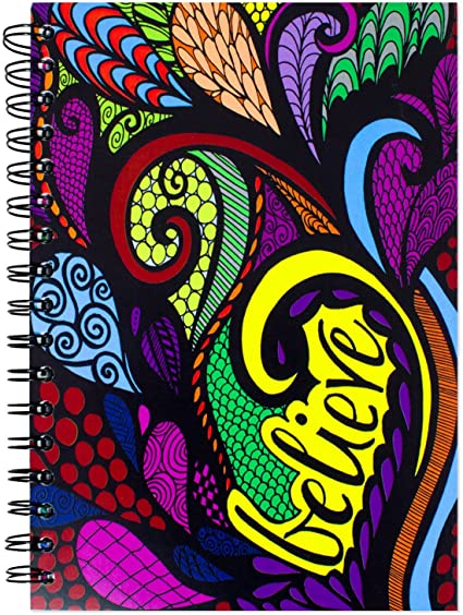 ColorIt Hard Cover Double Spiral Notebook 200 Lightly Lined Pages, 6x8.5 Journal, Planner, Log Book, Diary, Hand Drawn Doodle Design"Believe" Journal