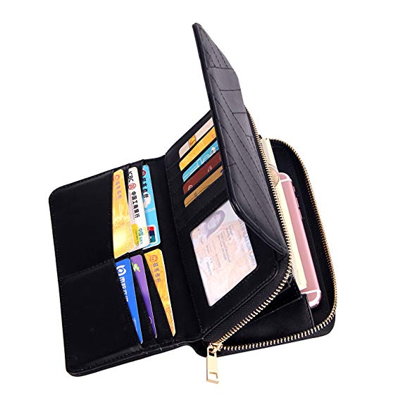 CILLA Rhombus Women Leather Wallet Zipper Long Clutch Handbag Card Holder Purse