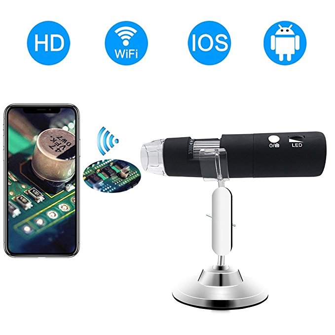 WiFi Digital Microscope,Skybasic HD 2MP 50x to 1000x Magnification Endoscope Handheld 8 LED with Metal Stand for IOS and Android Smartphone, iPhone, Samsung, Tablet